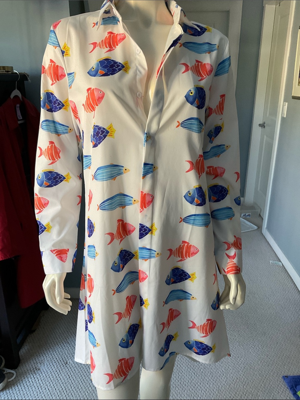 White Fish Print Long-Sleeve Shirt Dress - Blue & Coral Fish